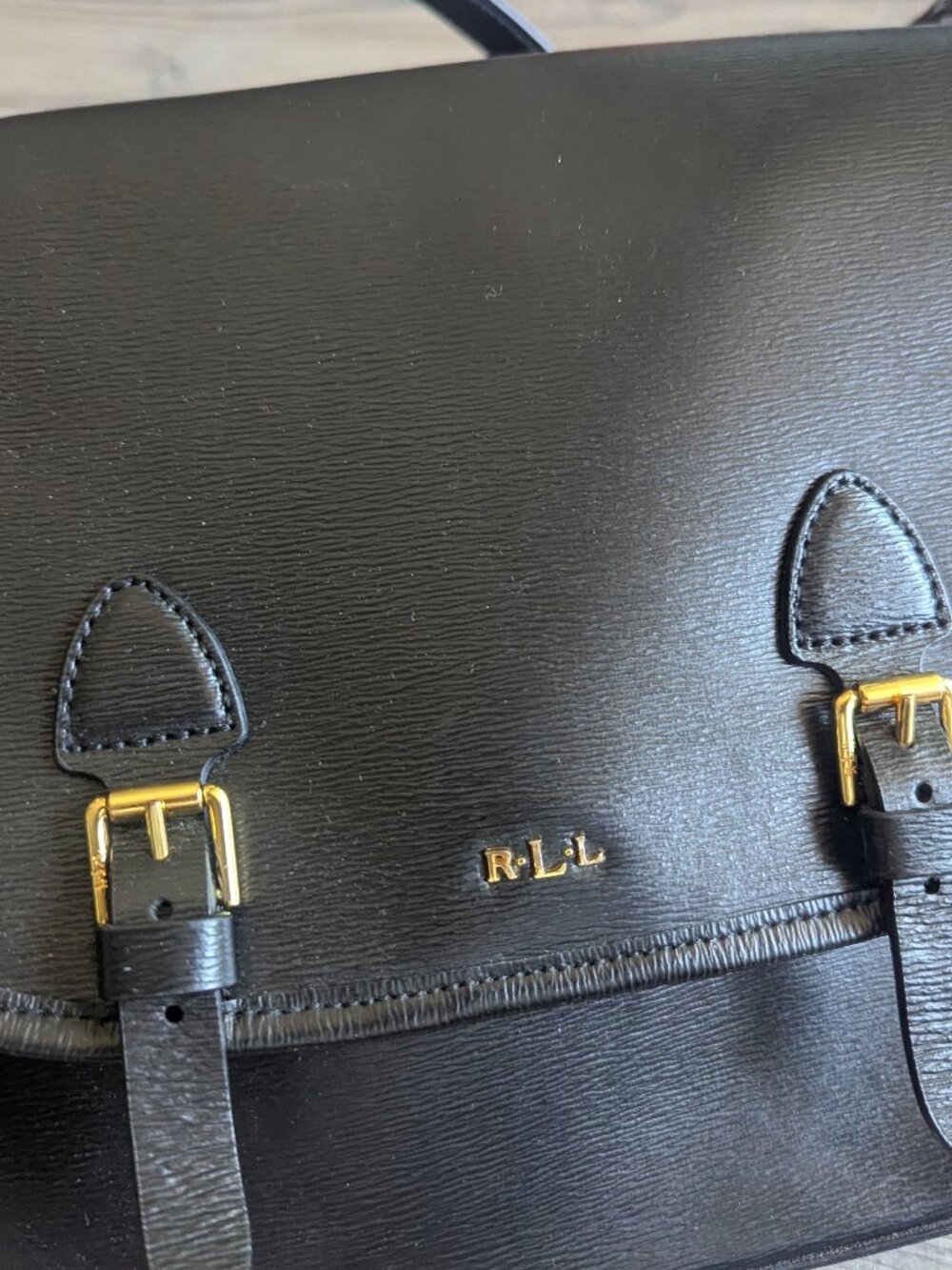 Lauren Ralph Lauren Tate Textured Leather Flap Crossbody Bag Black Gold - Picture 8 of 16